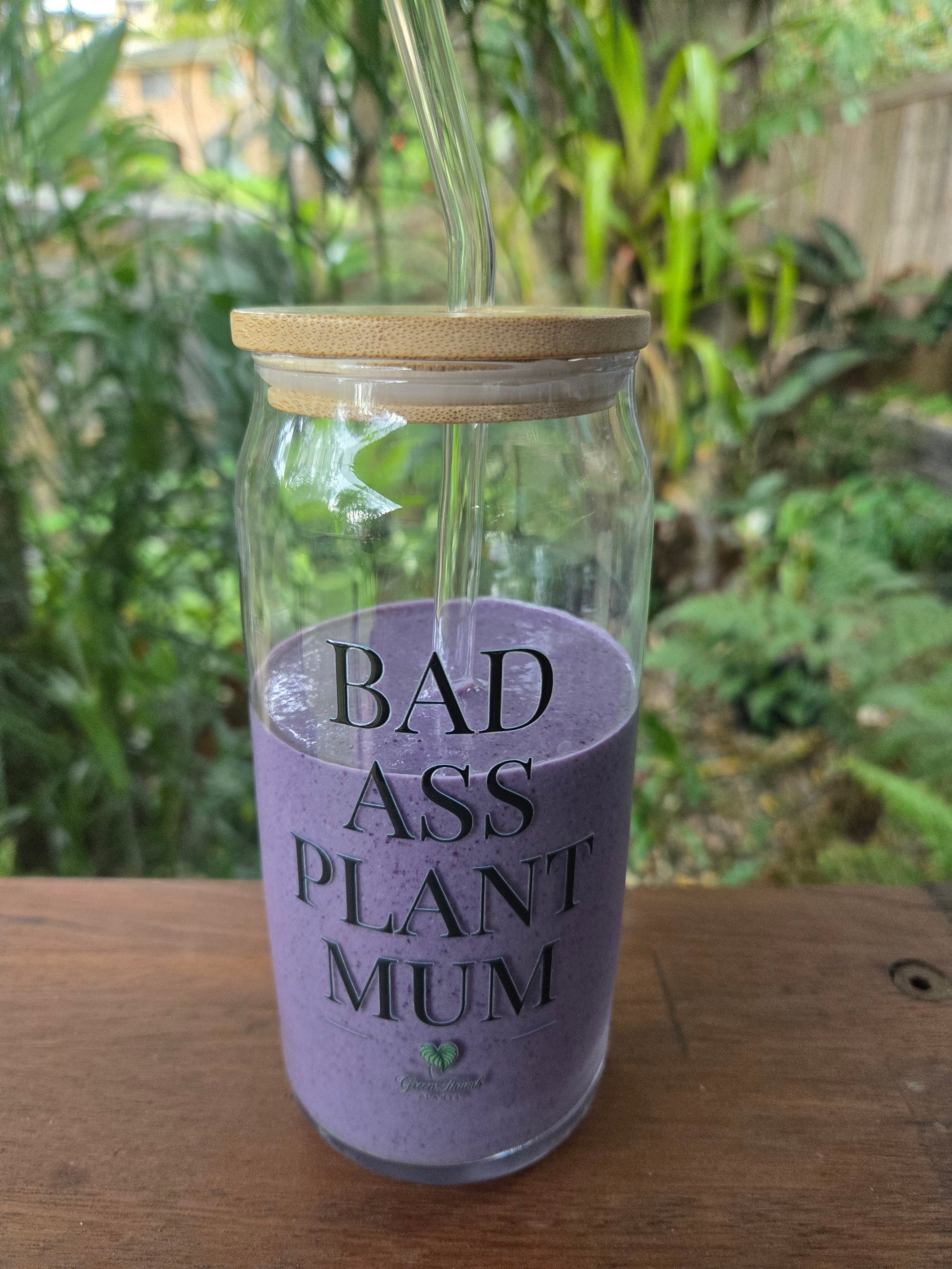 Eco glass tumbler drinking cup with bamboo lid and glass straw 600ml - Bad Ass Plant Mum