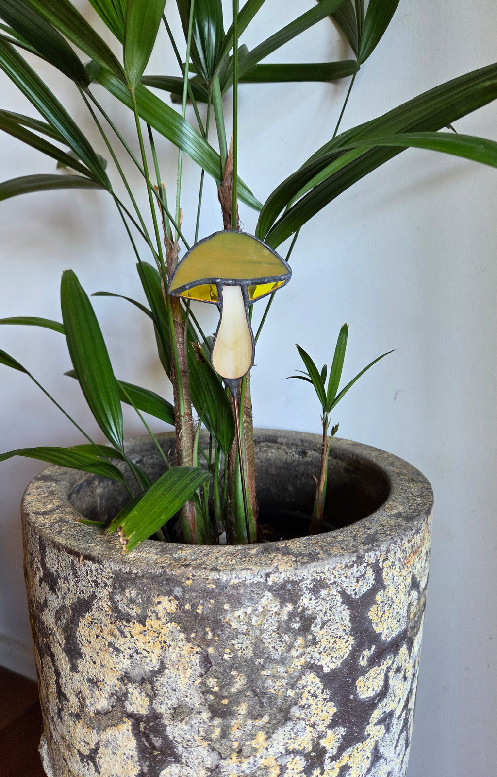 Handcrafted leadlight glass mushroom plant stake decoration - yellow