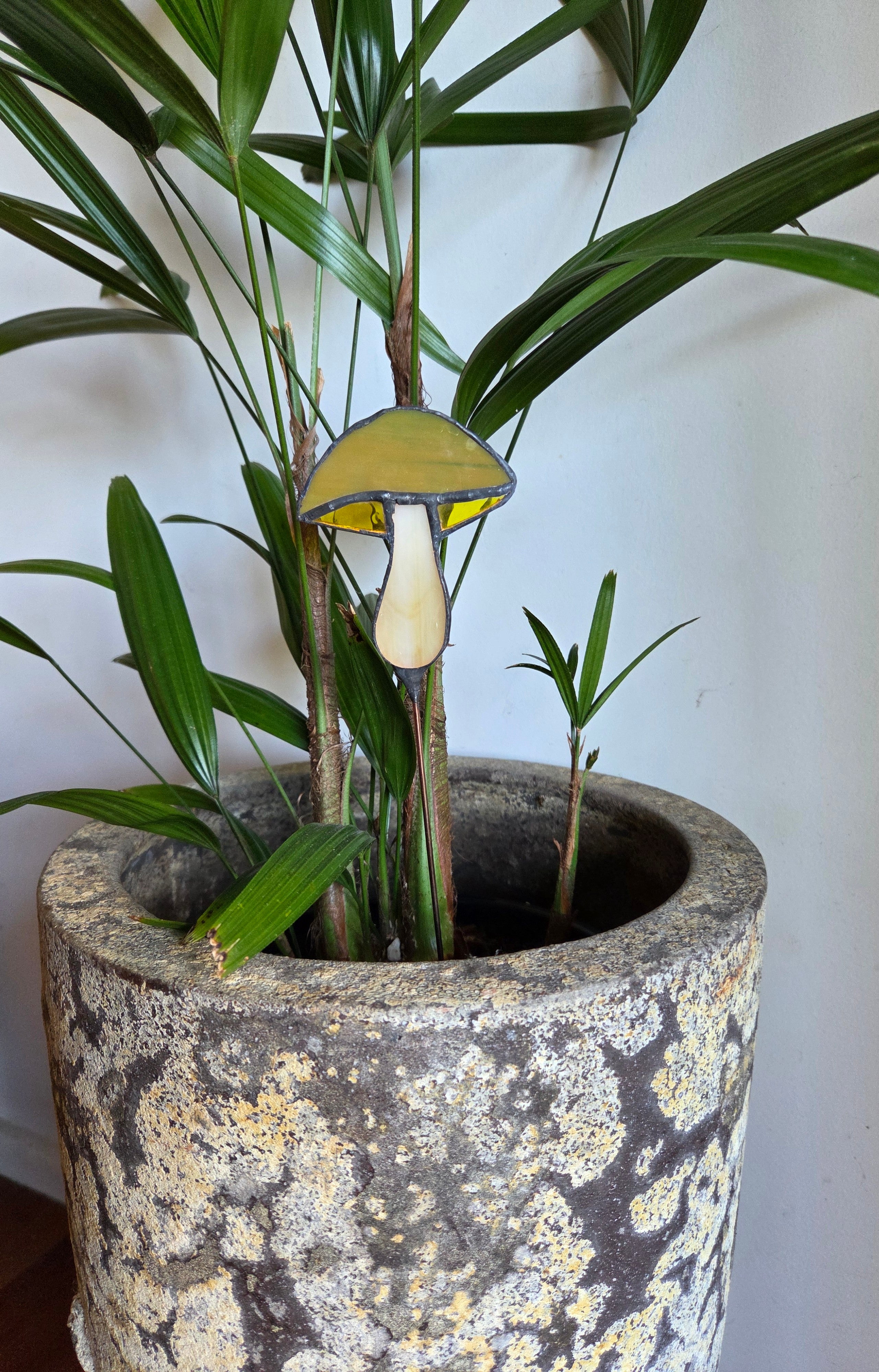 Handcrafted leadlight glass mushroom plant stake decoration - yellow