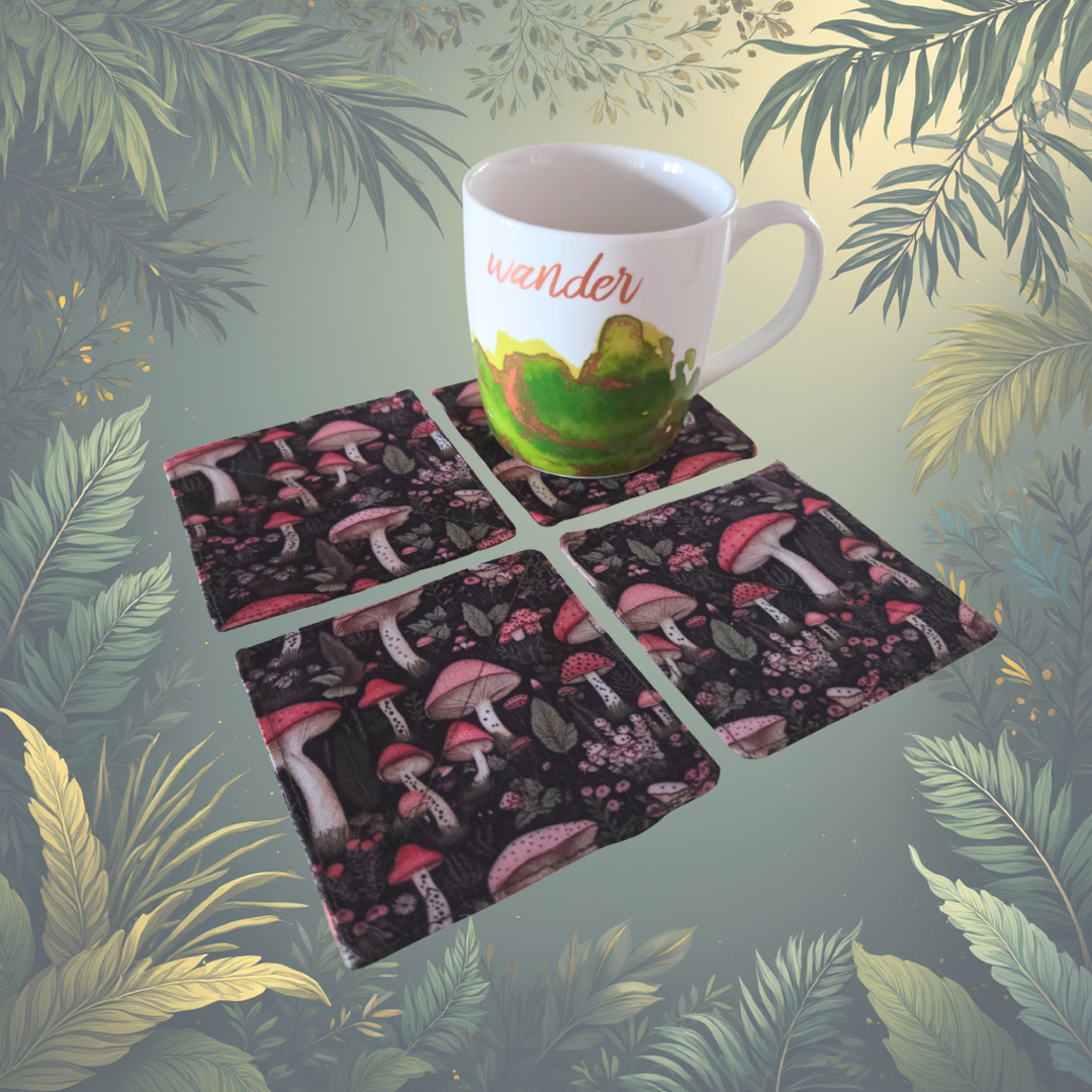 Fabric mushroom coasters HANDMADE- Pink Mush Man