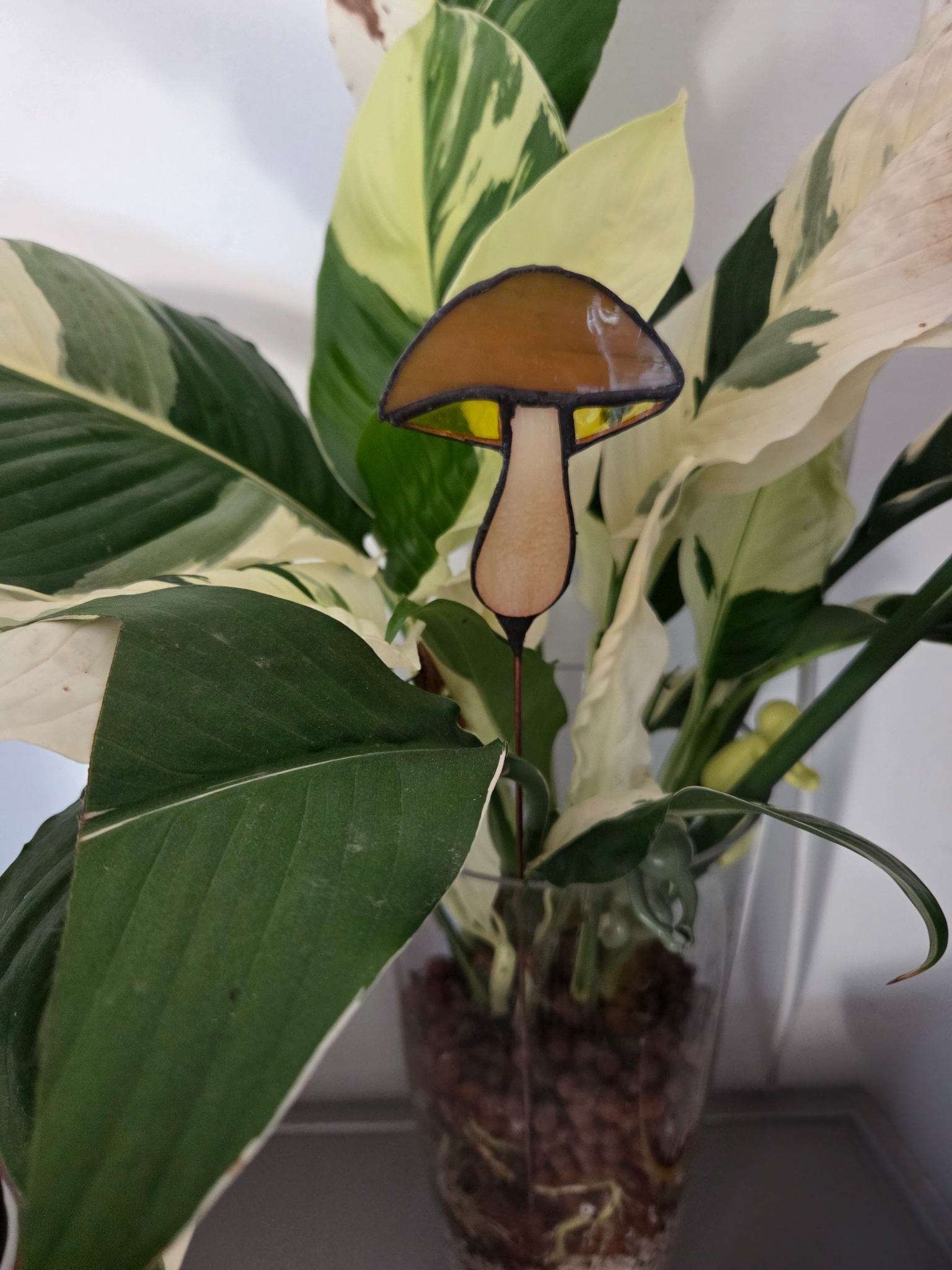 Handcrafted leadlight glass mushroom plant stake decoration - yellow