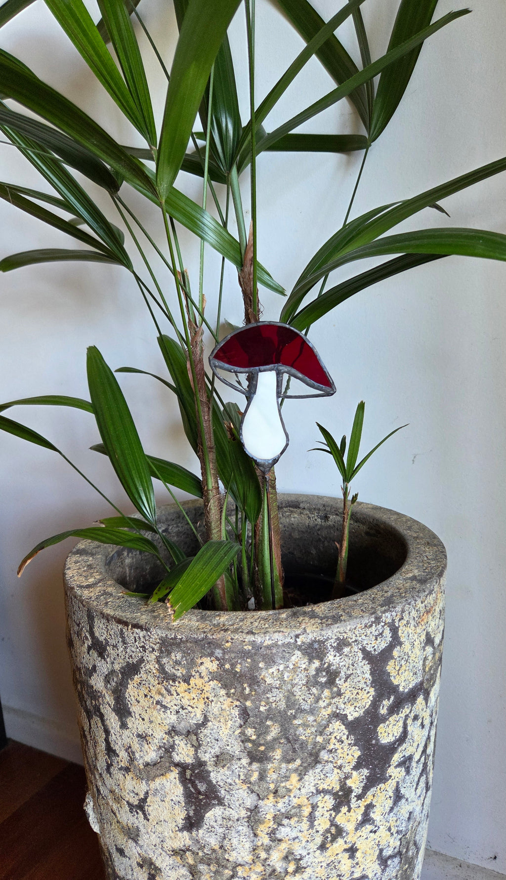 Handcrafted leadlight glass mushroom plant stake decoration - Red